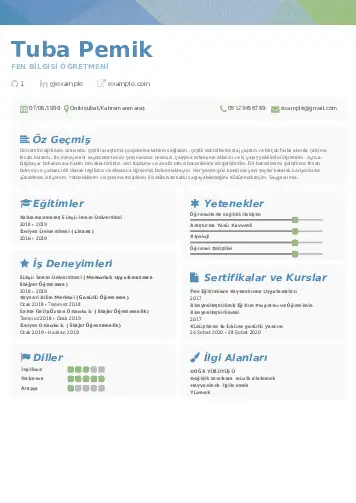 Fen Bilgisi Öğretmeni CV Örnekleri cv indir
